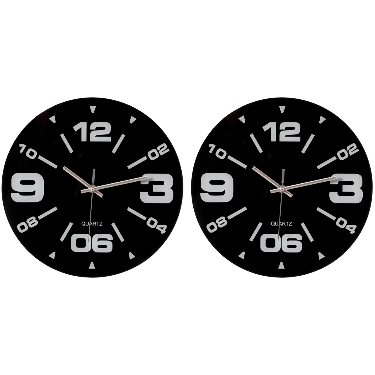 Clockswise Pack of 2 12 inch Black Decorative Unique Modern Round Glass Analog Wall Clock, Perfect for Office, Classroom, Living Room, Dining Room, Bed Room, Entryway and Kitchen Wall Decor.